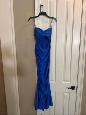 Crystal Doll Royal Blue Satin Maxi Dress with Spaghetti Straps